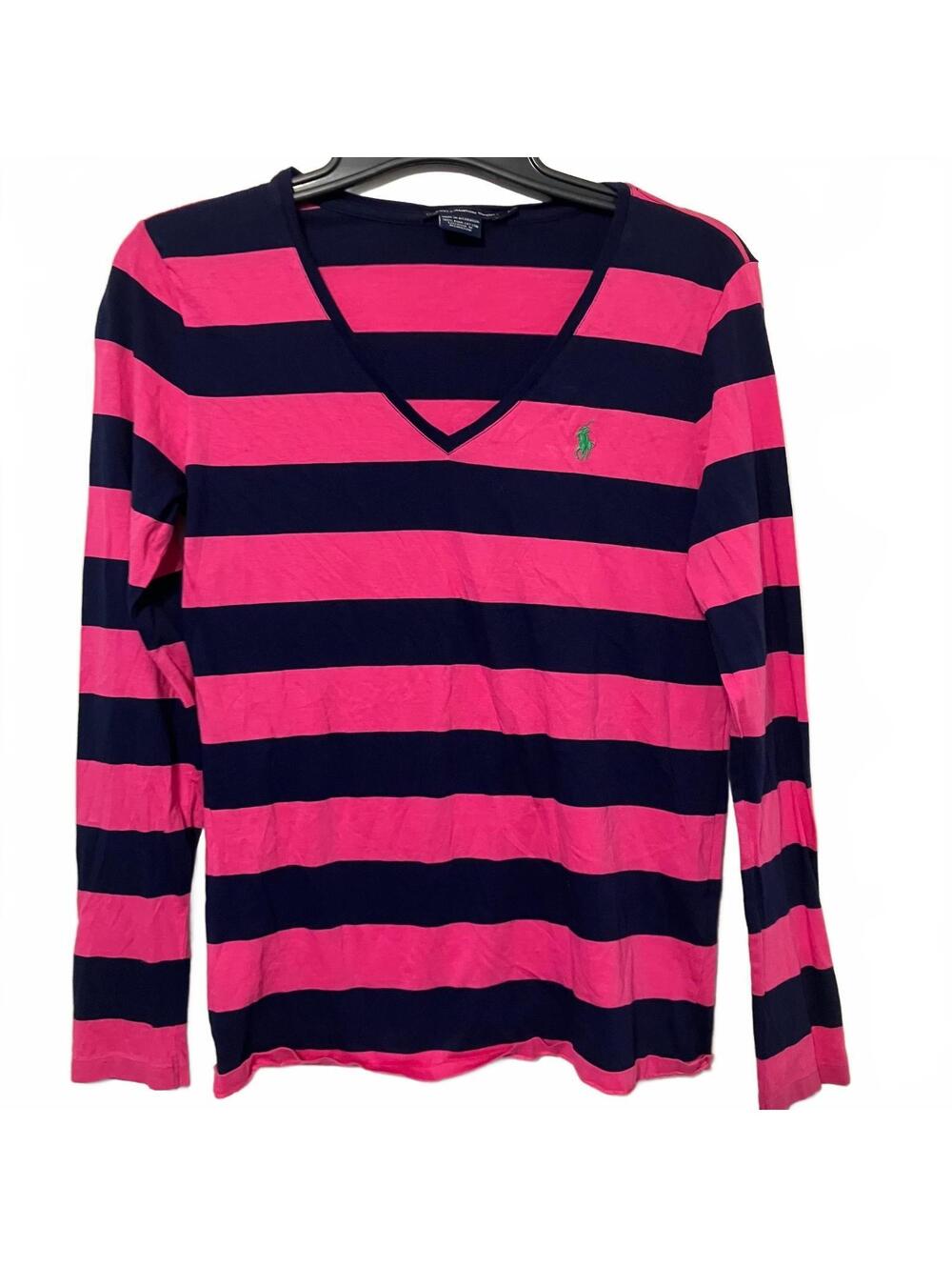 Ralph Lauren Y2K McBling  Sport Women's Long Sleeve V-Neck Striped Shirt Large